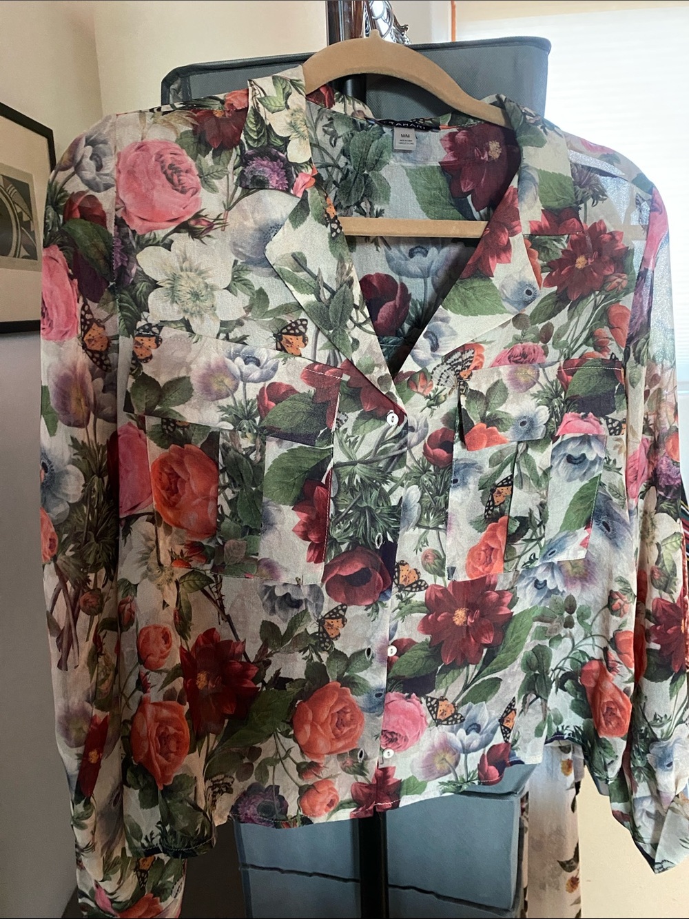 Tahari Floral Button-Down Blouse in Pink, Green and Red